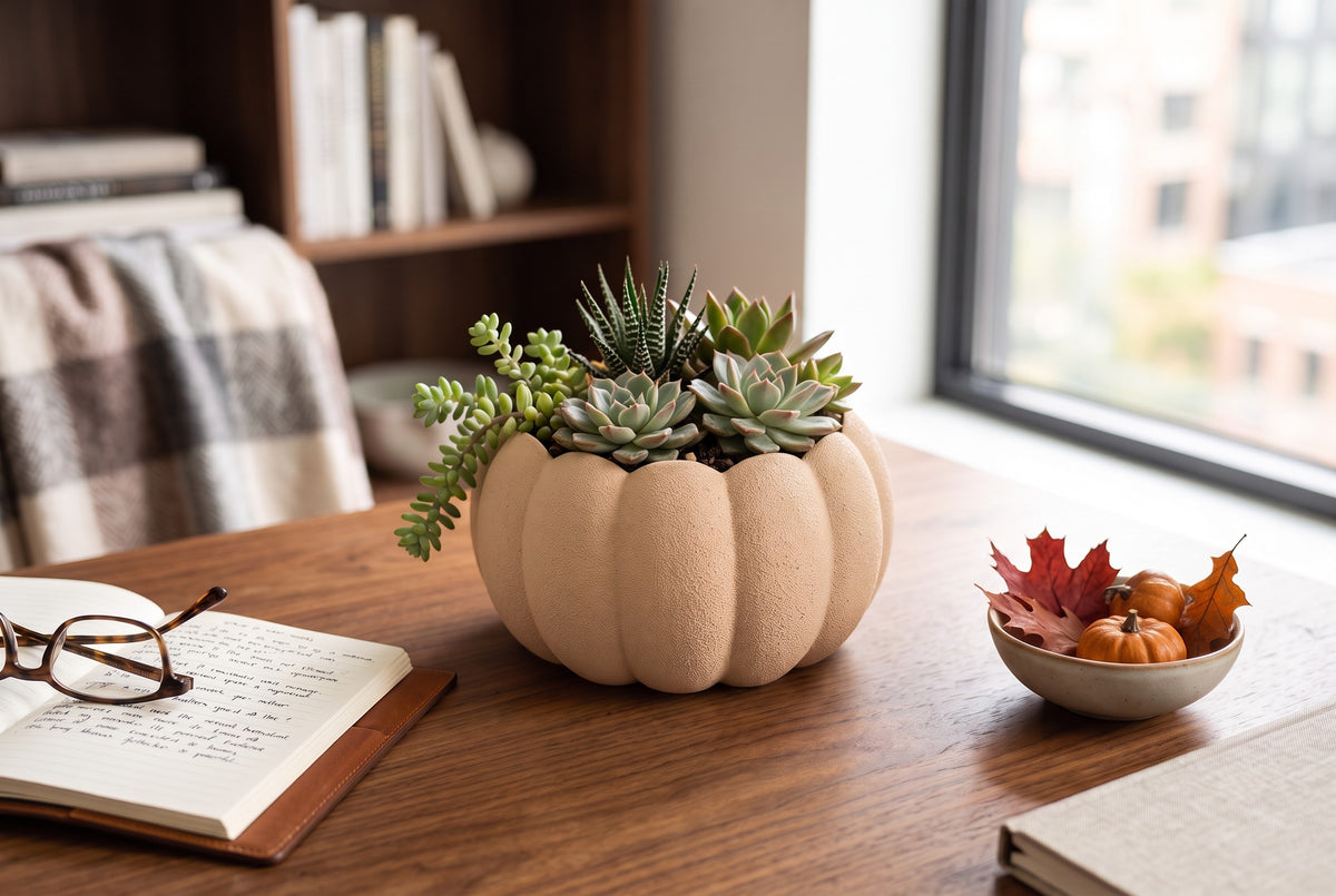 Pumpkin Planter with succulents on a rustic wooden outdoor table in autumn garden