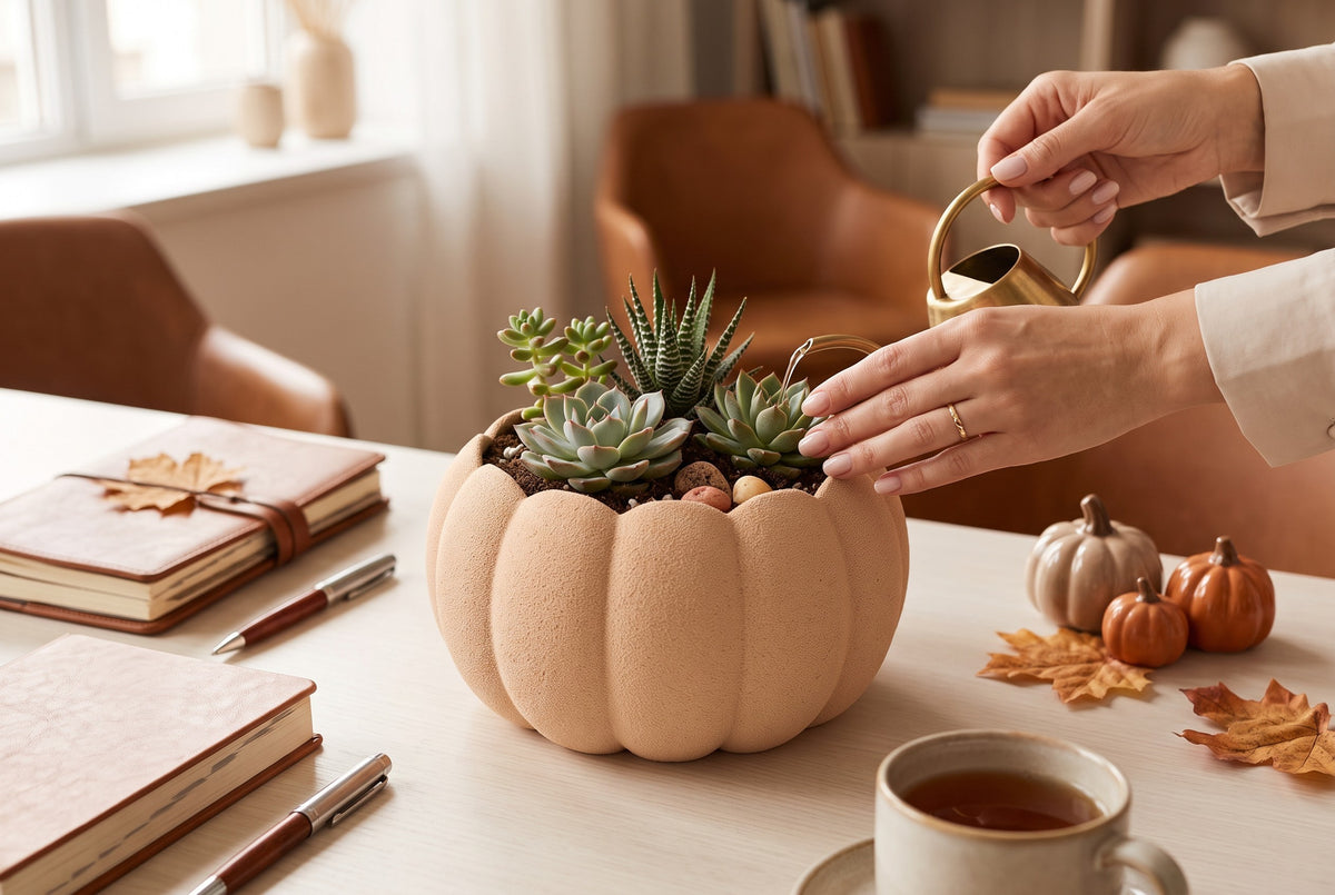 Hands tending succulents in a Pumpkin Planter on a bright desk