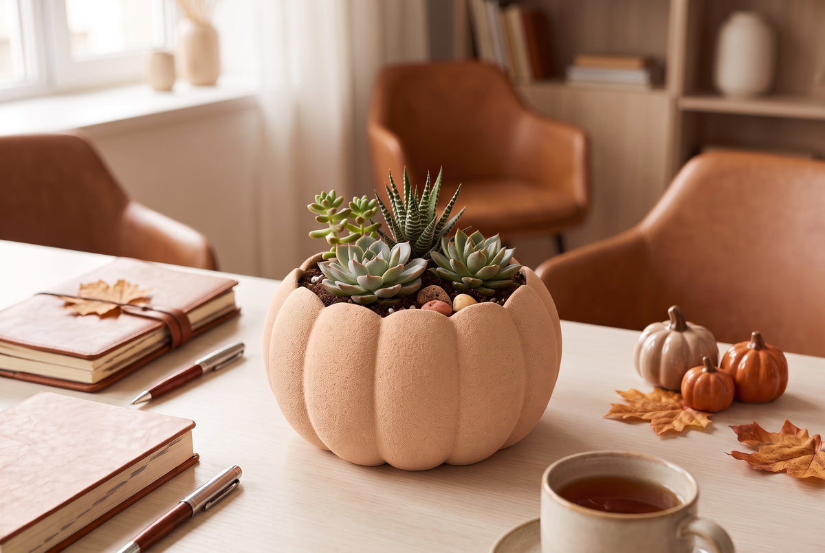 Pumpkin Planter on a stone garden path surrounded by acorns and autumn leaves