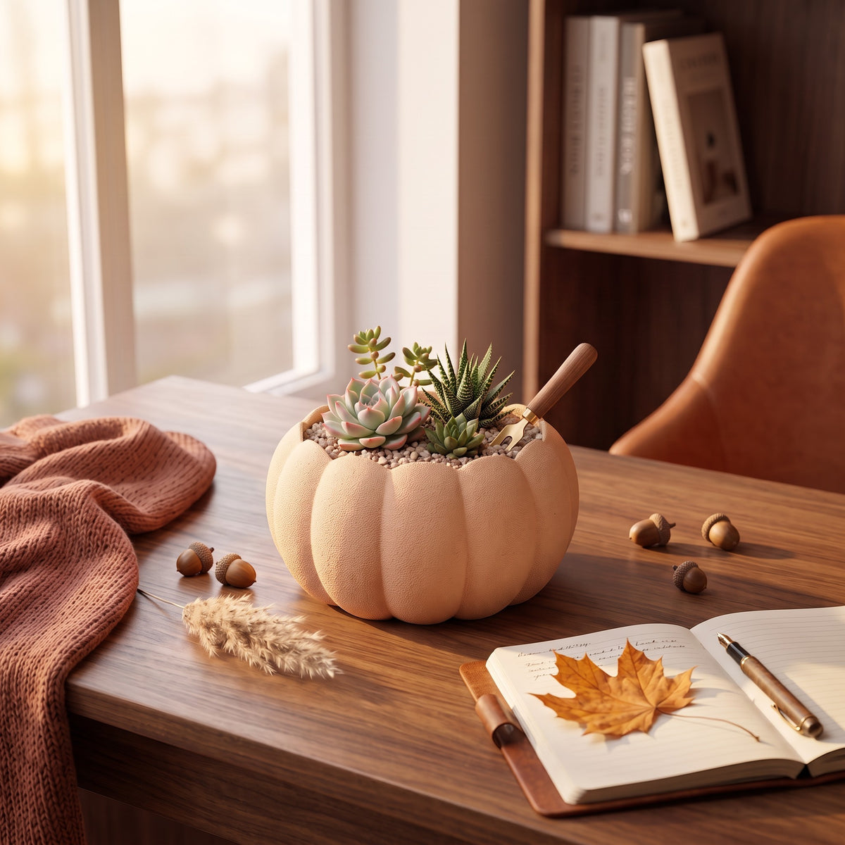 Pumpkin Planter with succulents on a Japandi sideboard next to design books