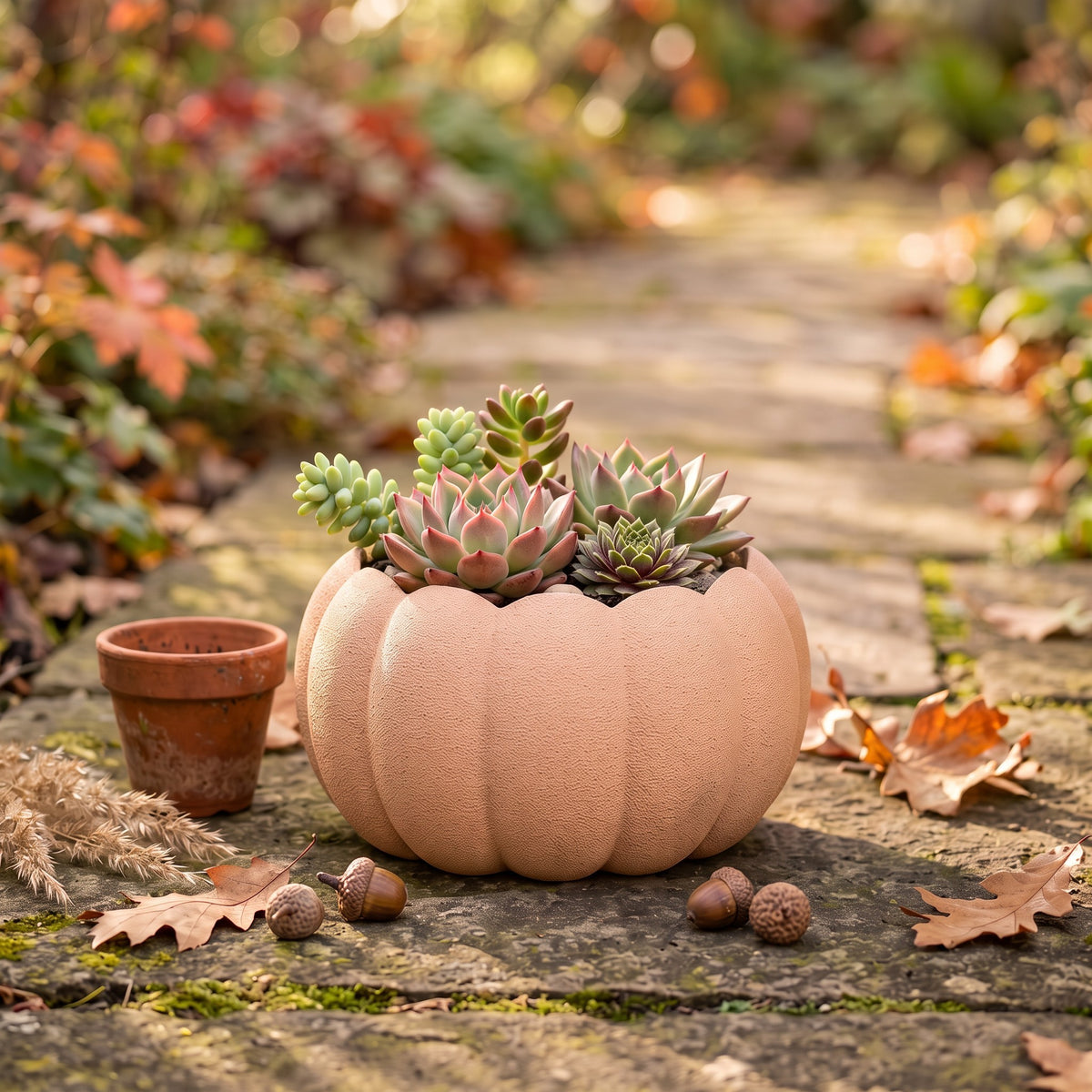 Pumpkin Planter with blue and pink succulents in a bright Scandinavian living room