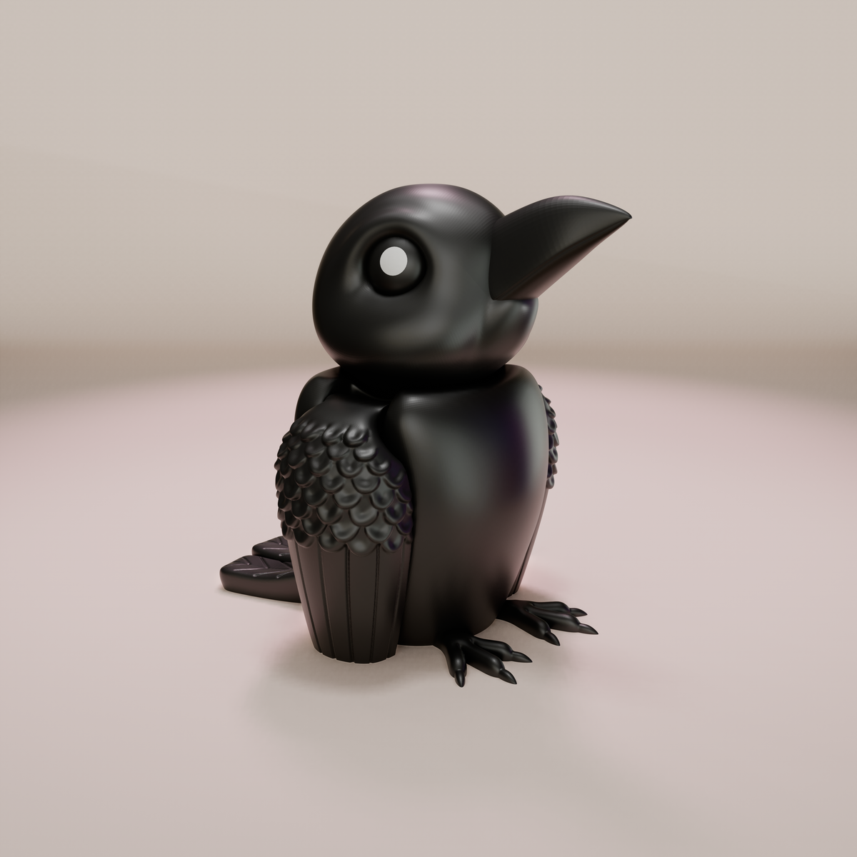Black articulated Raven figure with white eye, shown against a light neutral background
