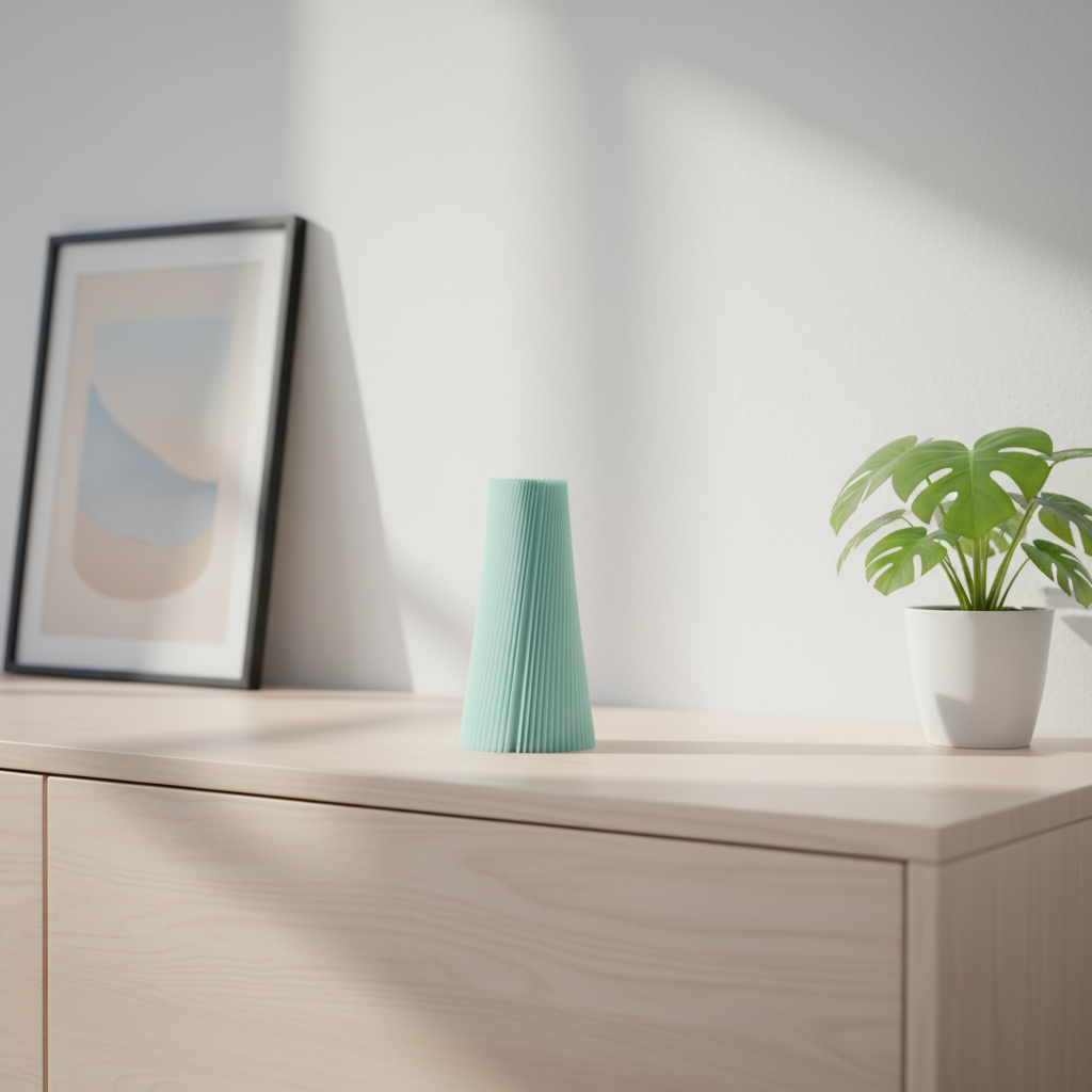 Pleated Cone Vase mint green on pale oak sideboard beside pink vase framed prints and yellow succulent