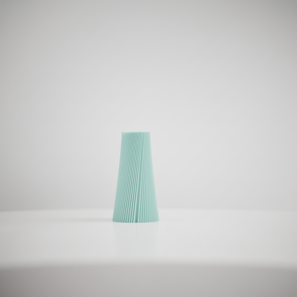 Pleated Cone Vase mint green on white surface beside pastel geometric shapes pale background