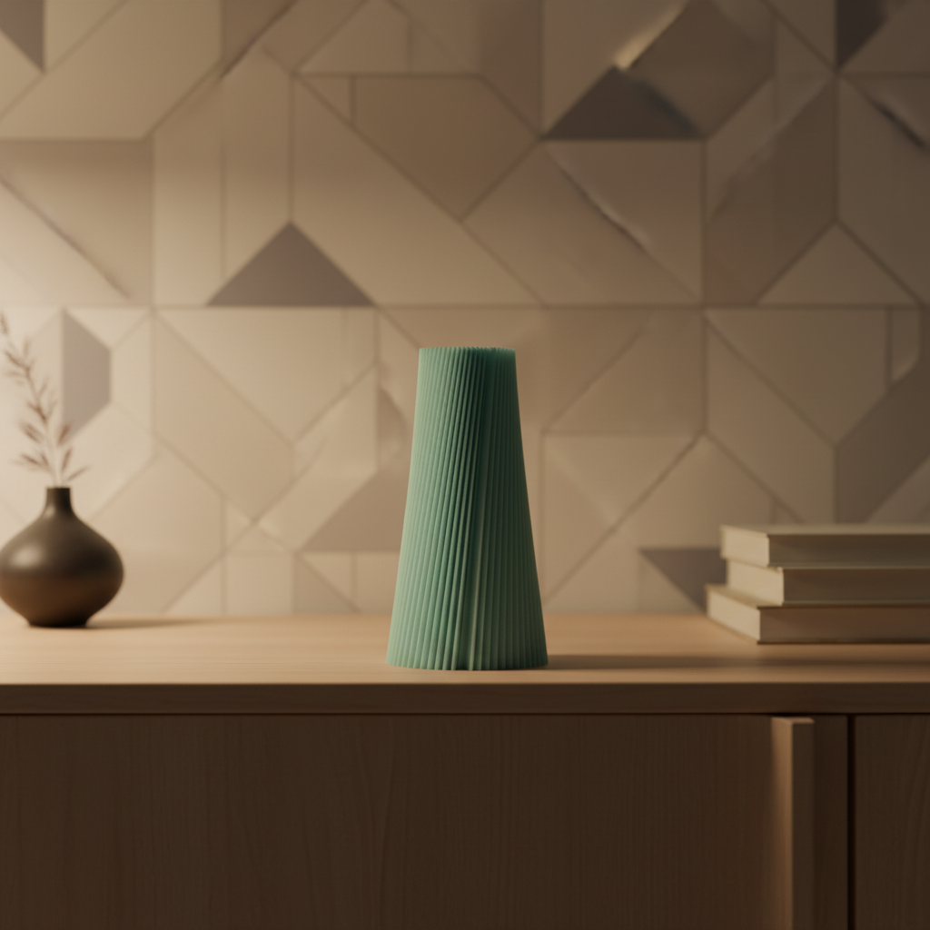 Pleated Cone Vase mint green on pale surface with soft window light portrait format