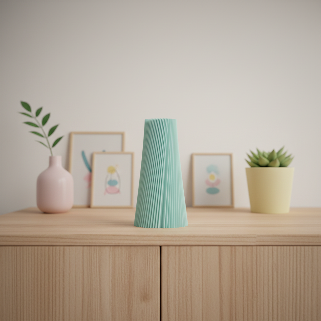 Pleated Cone Vase mint green on warm sideboard with geometric tile wall behind warm evening light