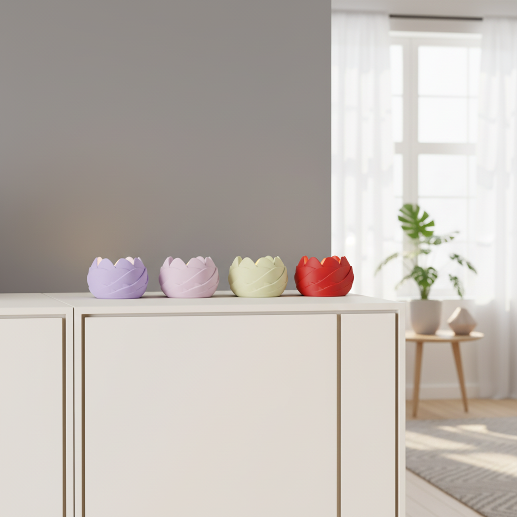 Four Leaf Petal Tealight Holders low rounded open bowl form gently overlapping organic petal shapes scalloped outer wall lavender soft lilac sage cream and red matte finishes on white sideboard Scandinavian minimal interior grey wall sheer curtain window monstera plant warm ambient light editorial hero shot