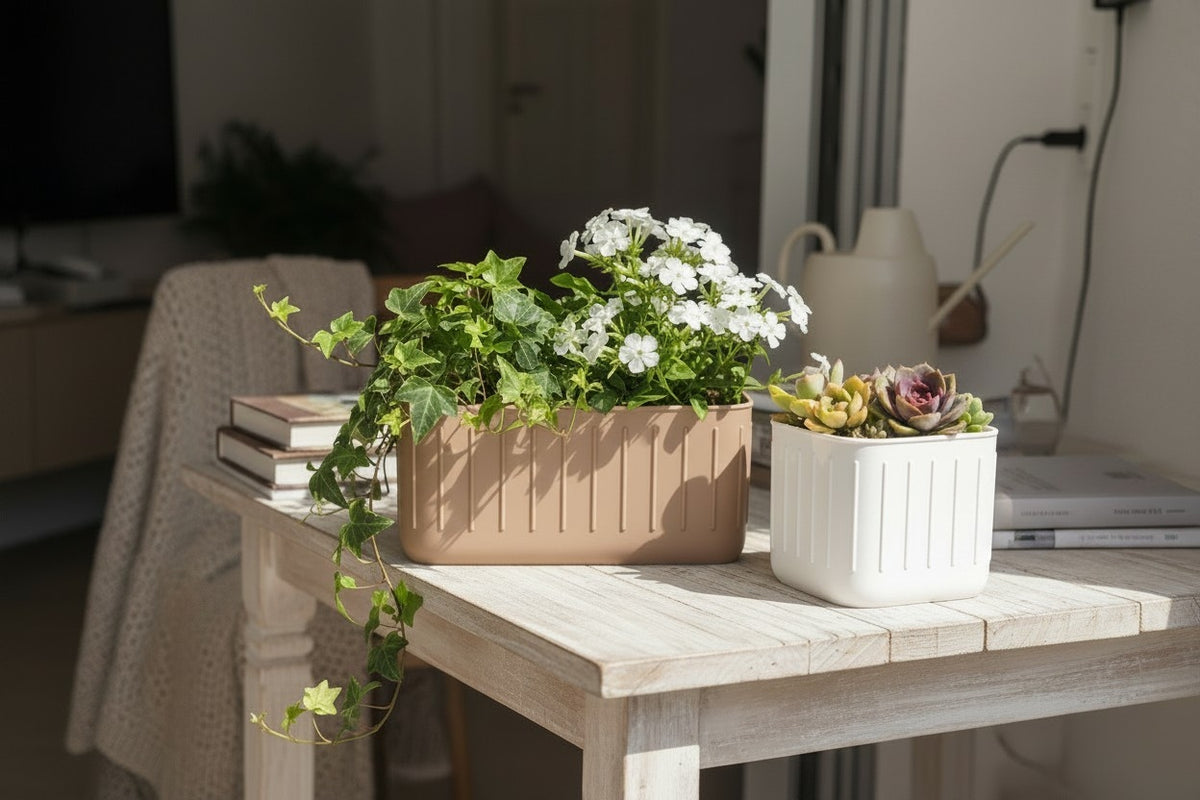Scandinavian Plant Pot Pair — Ribbed Indoor Planter Set (Large & Small)