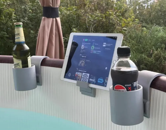 Modular Hot Tub Caddy Set — grey set clipped onto inflatable hot tub with dual bottle holders and tablet holder showing tablet in use