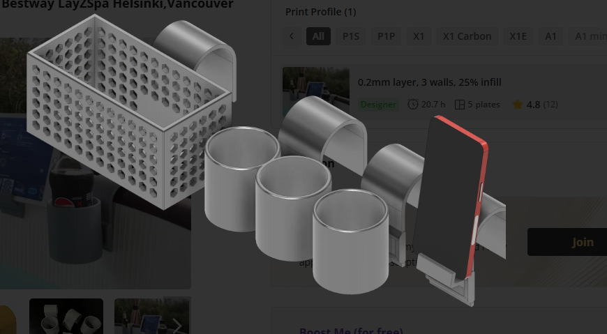 Modular Hot Tub Caddy Set — 3D render showing all 5 components: holder body, single bottle holder, dual bottle holder, mobile device holder and basket