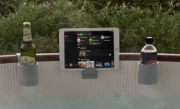 Modular Hot Tub Caddy Set — wide view of grey set on hot tub edge with tablet and two drinks bottles in garden setting