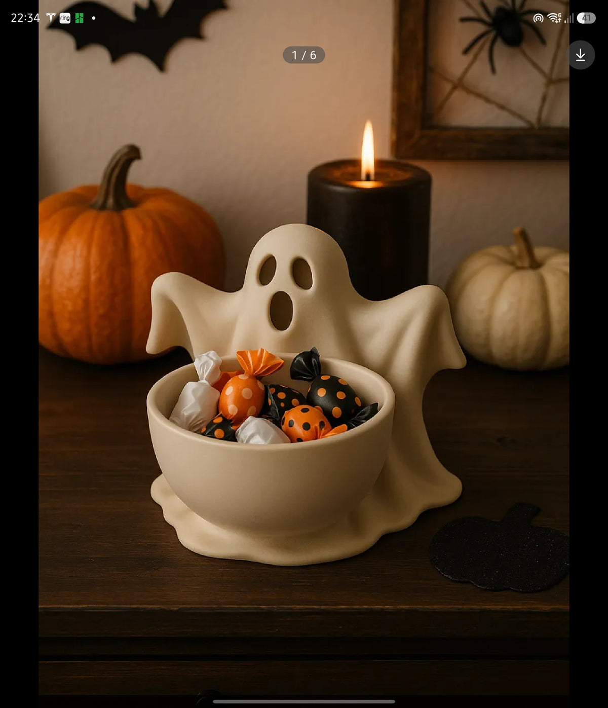 Ghost Sweet Bowl — front lifestyle view filled with Halloween sweets on wooden table with pumpkins, black candle and Halloween decor