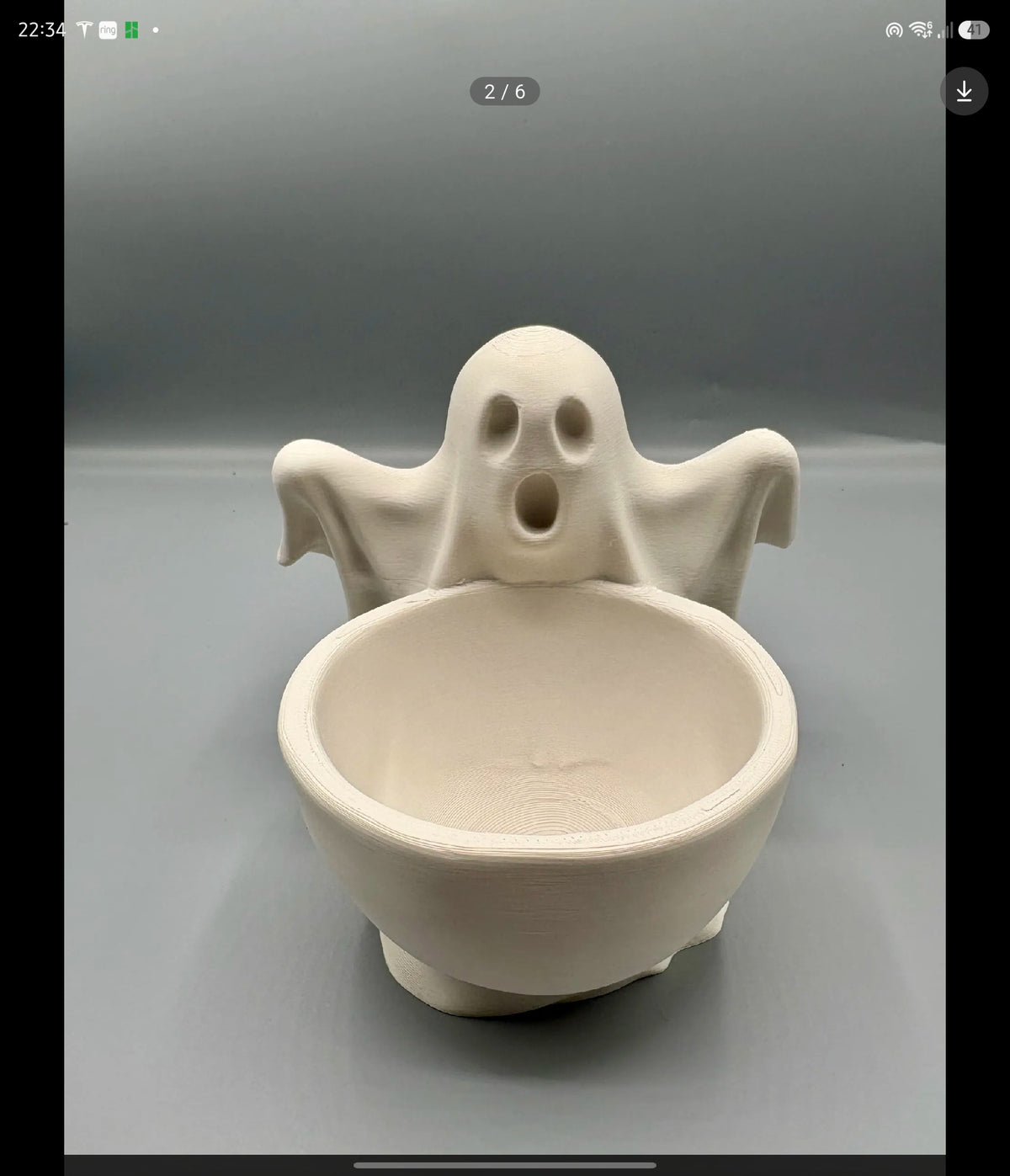 Ghost Sweet Bowl — front view empty showing full ghost figure with outstretched arms, hollow eyes and round mouth with wide bowl on grey background