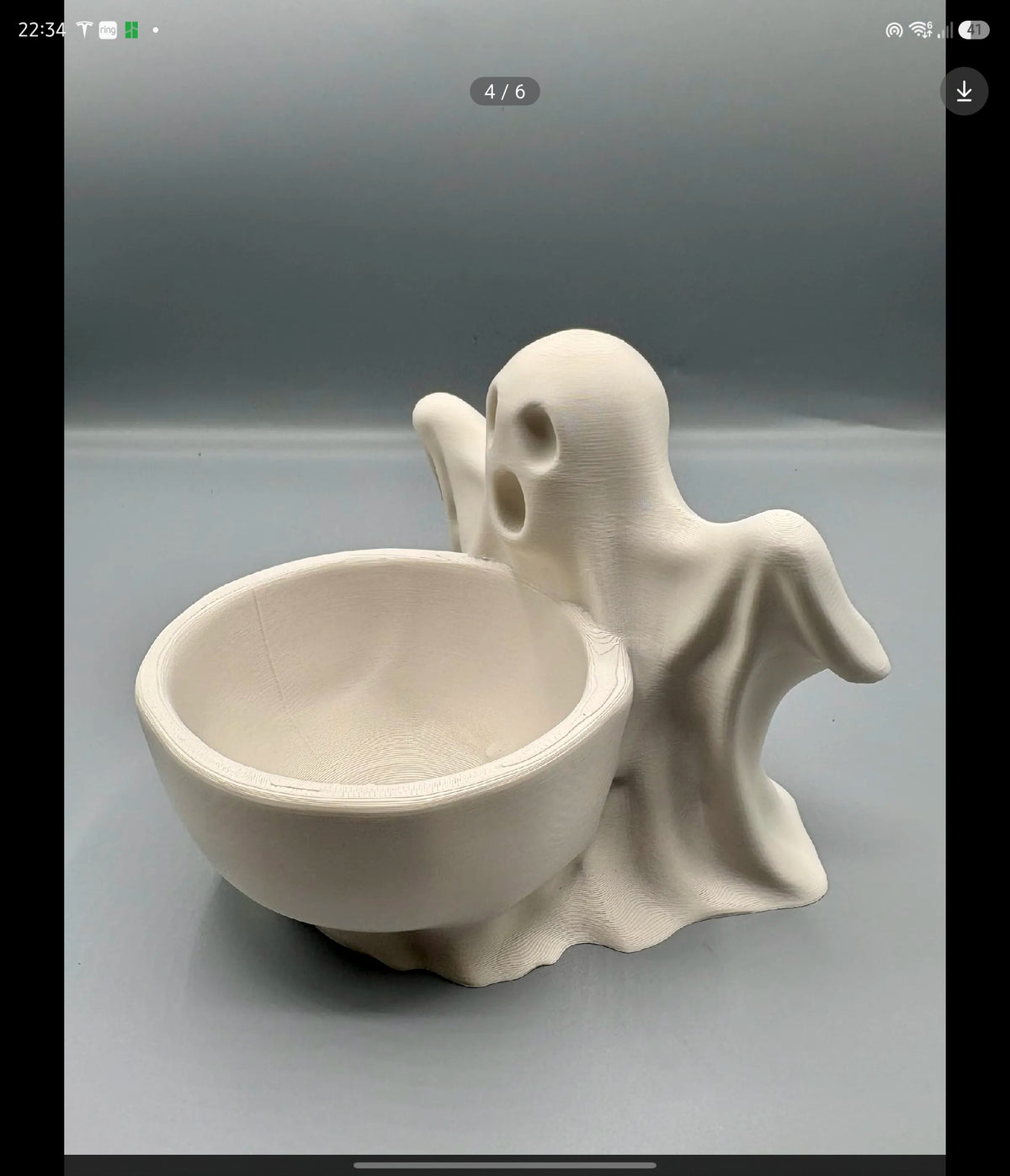 Ghost Sweet Bowl — side three-quarter view showing ghost figure rising behind bowl with arm detail and flowing base on grey background