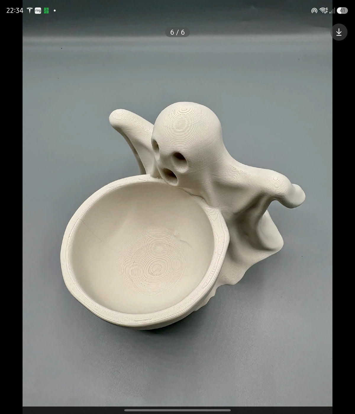 Ghost Sweet Bowl — overhead view looking down into wide deep bowl with ghost head and arms visible above rim on grey background