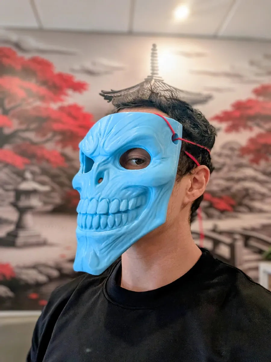 Blue Skinwalker Mask worn front view