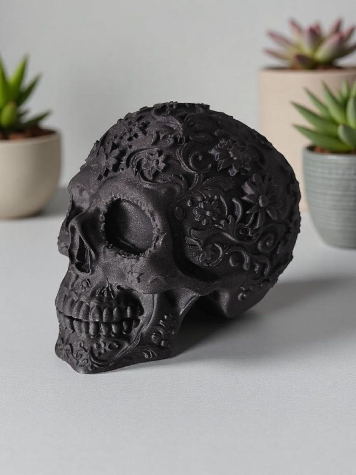 Matte black Mexican ornamental skull with intricate floral relief beside succulents on white surface