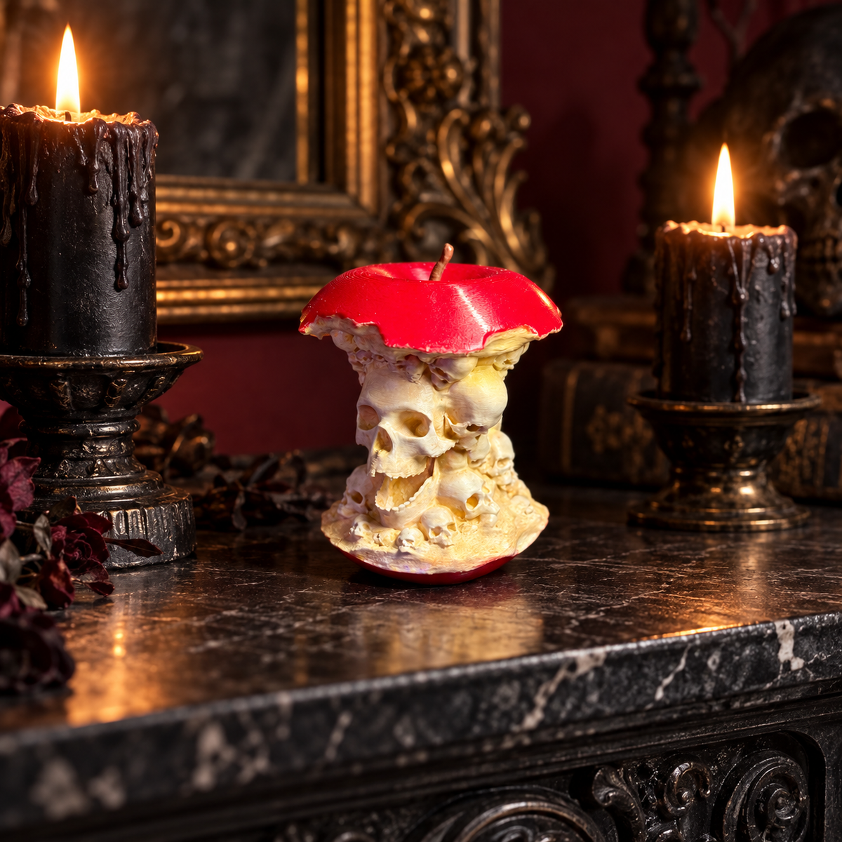 Forbidden Fruit red apple sculpture with layered skull detail styled on a marble table