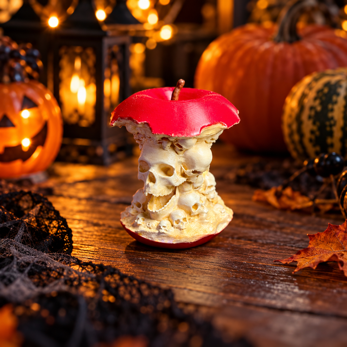 Forbidden Fruit skull apple sculpture displayed on a glass shelf