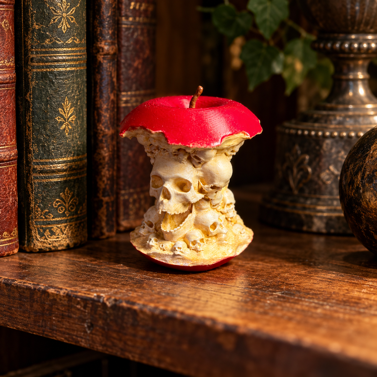 Forbidden Fruit skull apple sculpture styled between black candles