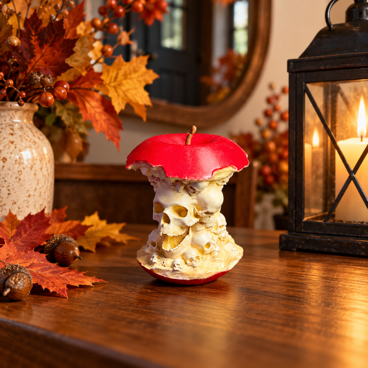 Forbidden Fruit skull apple sculpture displayed with autumn pumpkins and warm lights