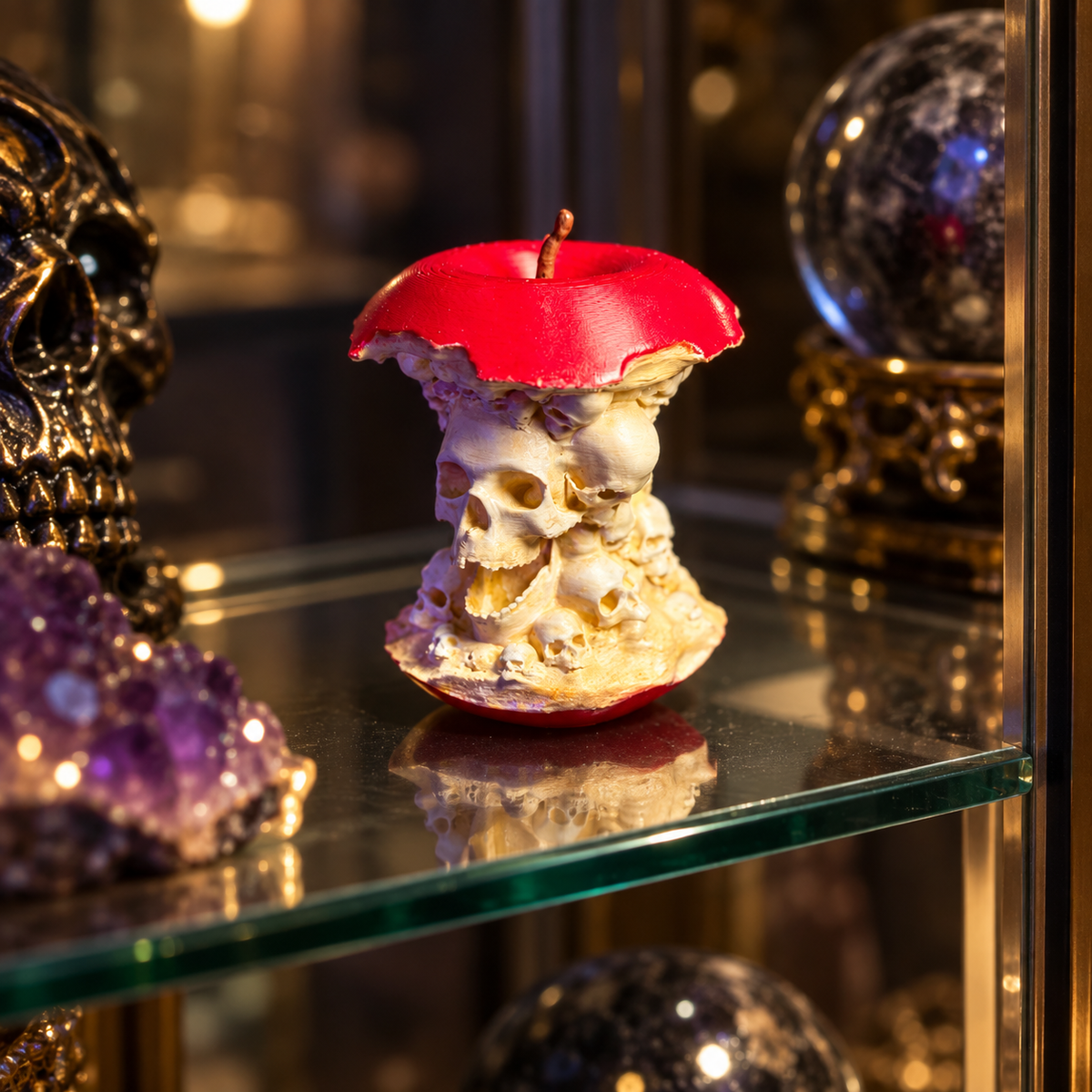 Forbidden Fruit skull apple sculpture displayed beside autumn leaves and a lantern