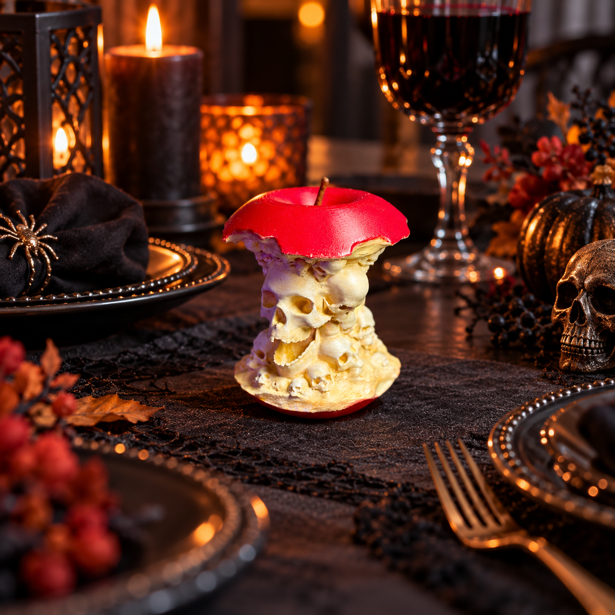 Forbidden Fruit skull apple sculpture displayed on a wooden shelf with books
