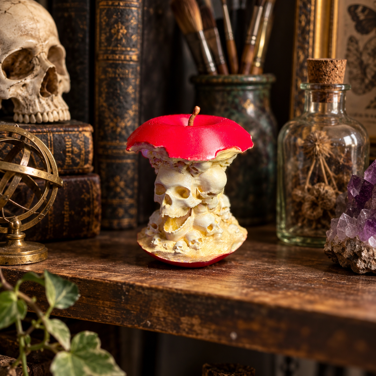 Forbidden Fruit skull apple sculpture styled on a dark Halloween dining table