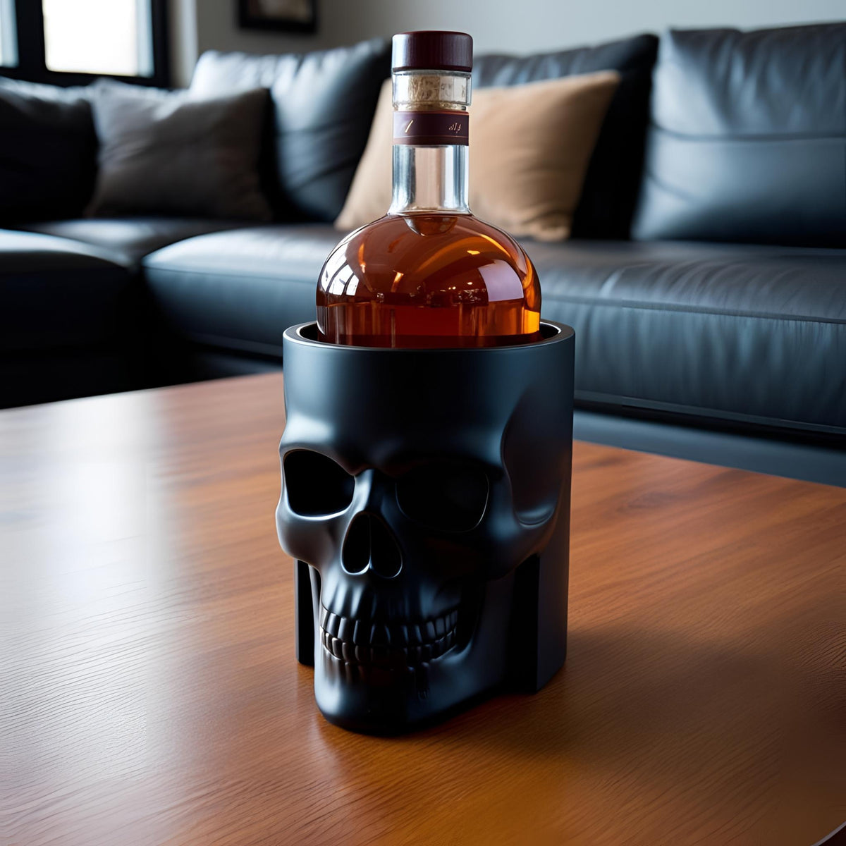 Black skull bottle cooler holding a whiskey bottle on a wooden table