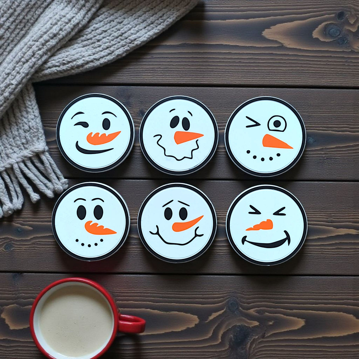 Snowman coaster set angled view with holder