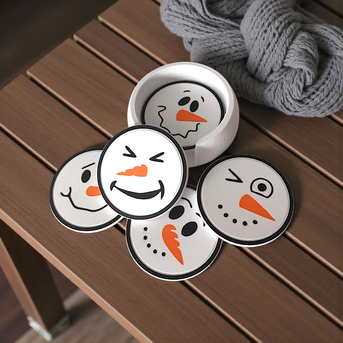 Textured white snowball-like holder for snowman coasters