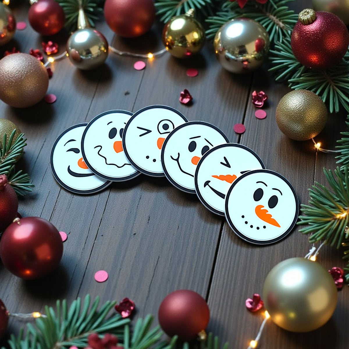 Six snowman faces on winter wooden table