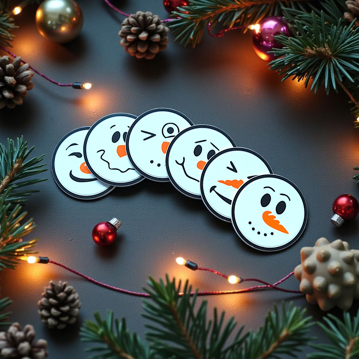 Snowman coasters beside white snowball holder