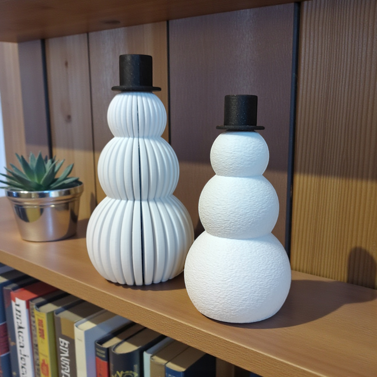 Two minimalist snowmen with black top hats on rustic wooden table beside fireplace