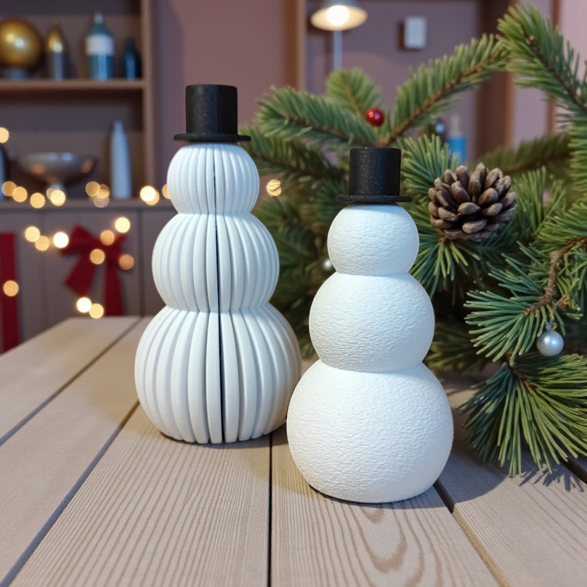 Single ribbed snowman with top hat on Scandi-style surface with Christmas tree in background