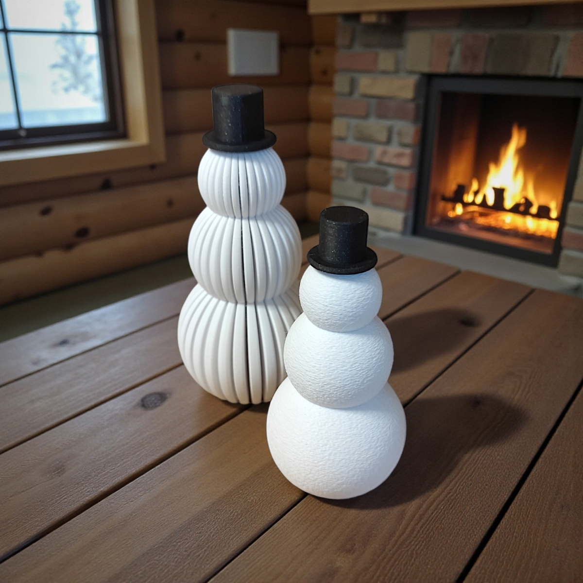 Two snowmen figurines side by side on dark wooden surface