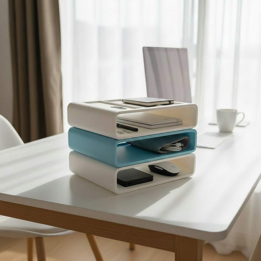 Stackable Office Organiser — white and blue, lifestyle shot on a bright home dining table with blueberries and plant