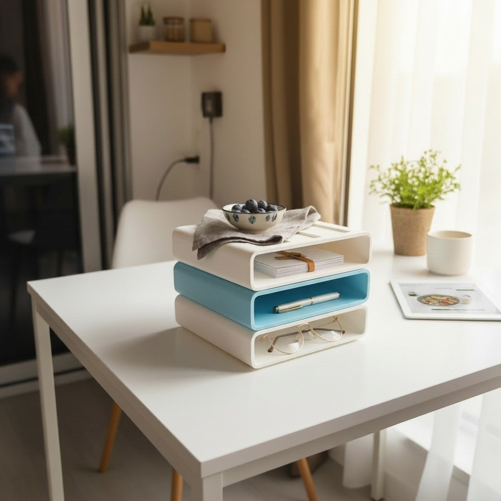 Stackable Office Organiser — white and blue, product shot showing two stacked units on grey background