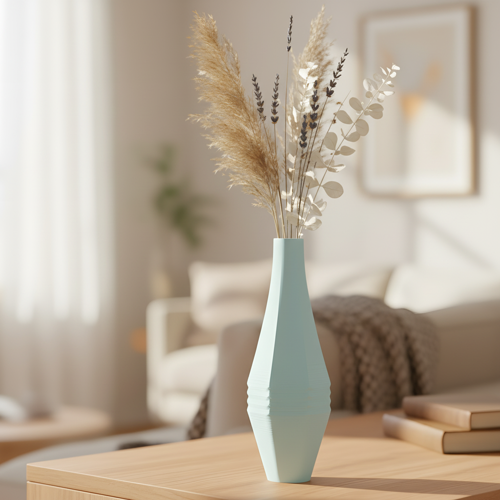 Stagger Panel Vase tall elegant diamond-waisted silhouette staggered faceted angular panel geometry soft mint blue matte finish dried pampas lavender eucalyptus stems pale oak coffee table warm Japandi living room linen sofa sheer curtains soft morning light hero shot