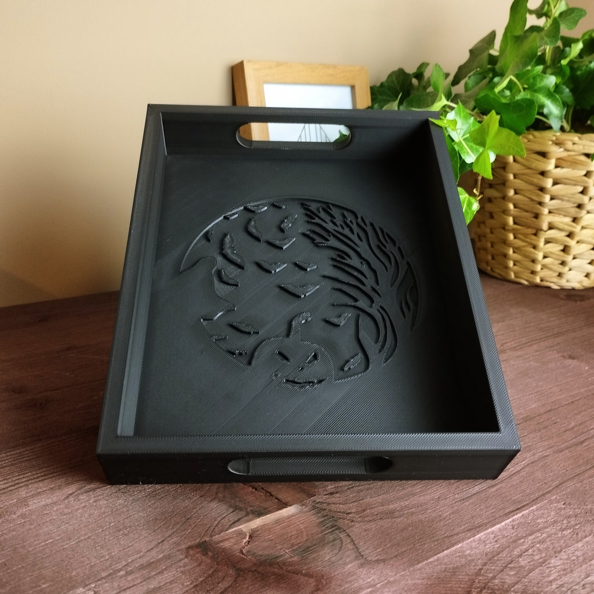 Black Halloween tray angled product shot showing oval handles and moon emboss