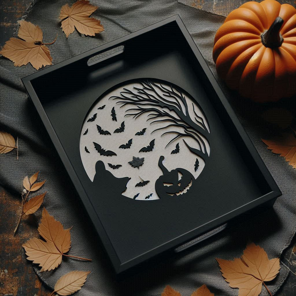 Black Halloween candy tray with spooky moon scene bats and pumpkin hero shot
