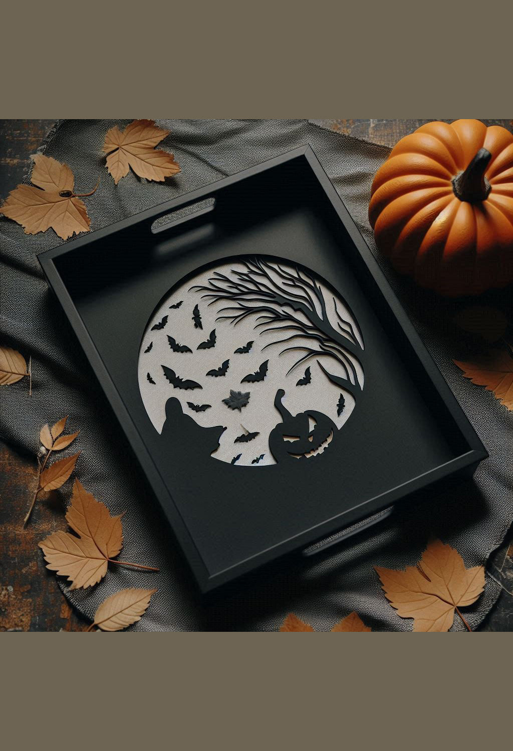 Black Halloween candy tray hero shot 2 with spooky moon embossed scene