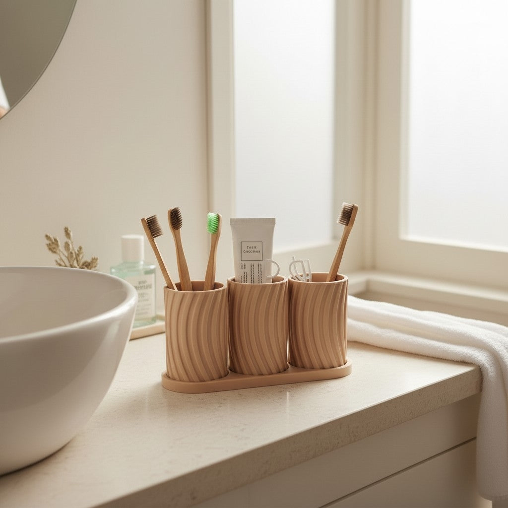 Little Family Toothbrush Holder Set holding bamboo toothbrushes and toothpaste on bright bathroom counter