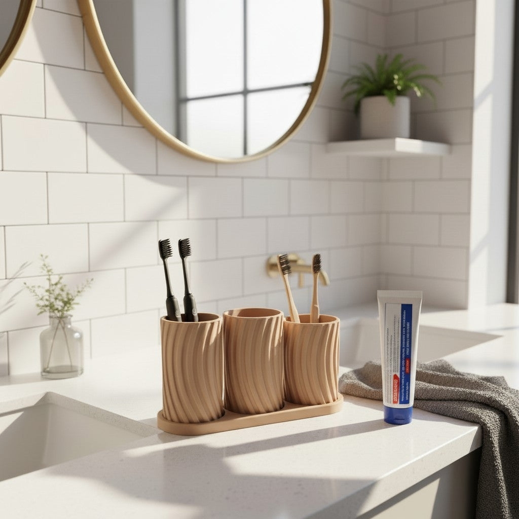 Little Family Toothbrush Holder Set on white bathroom counter with round mirror and gold tap