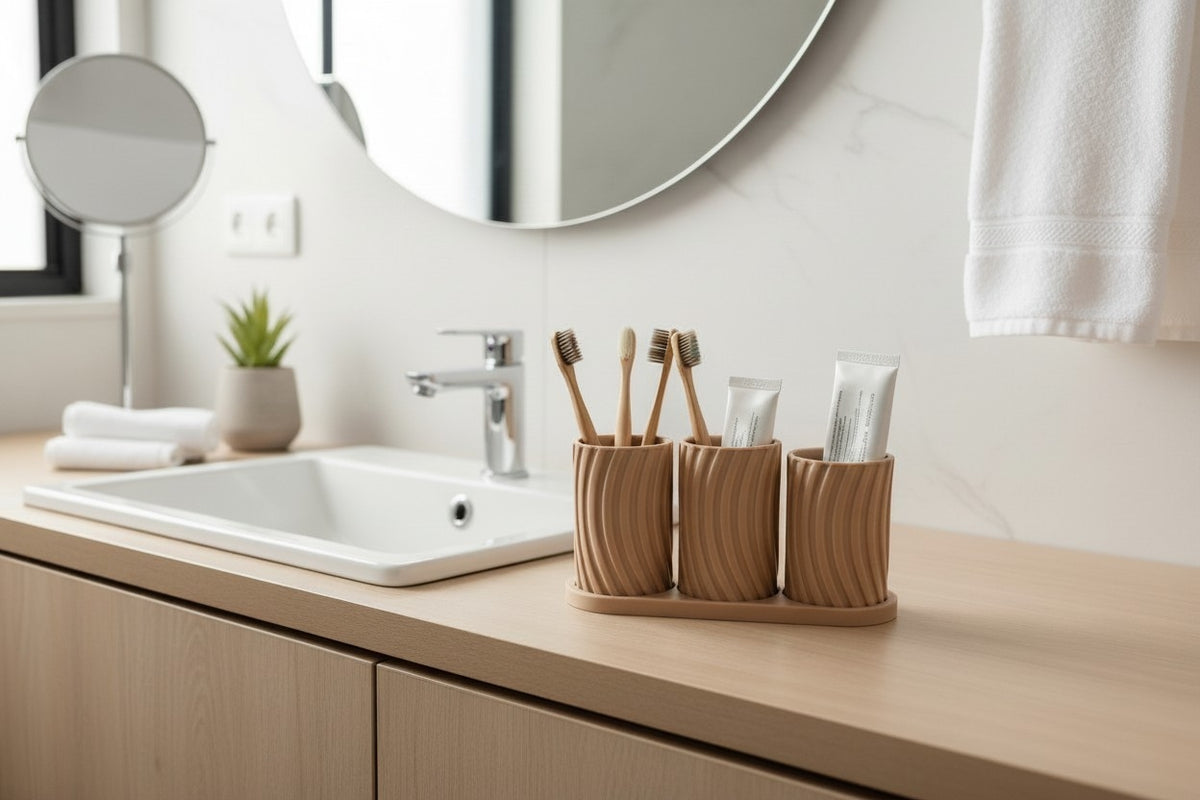 Little Family Toothbrush Holder Set on light oak vanity with round mirror and plant
