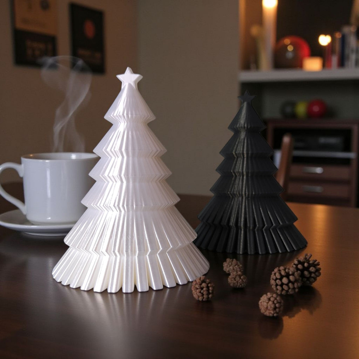 Close-up star topper detail on dark grey ribbed Christmas tree