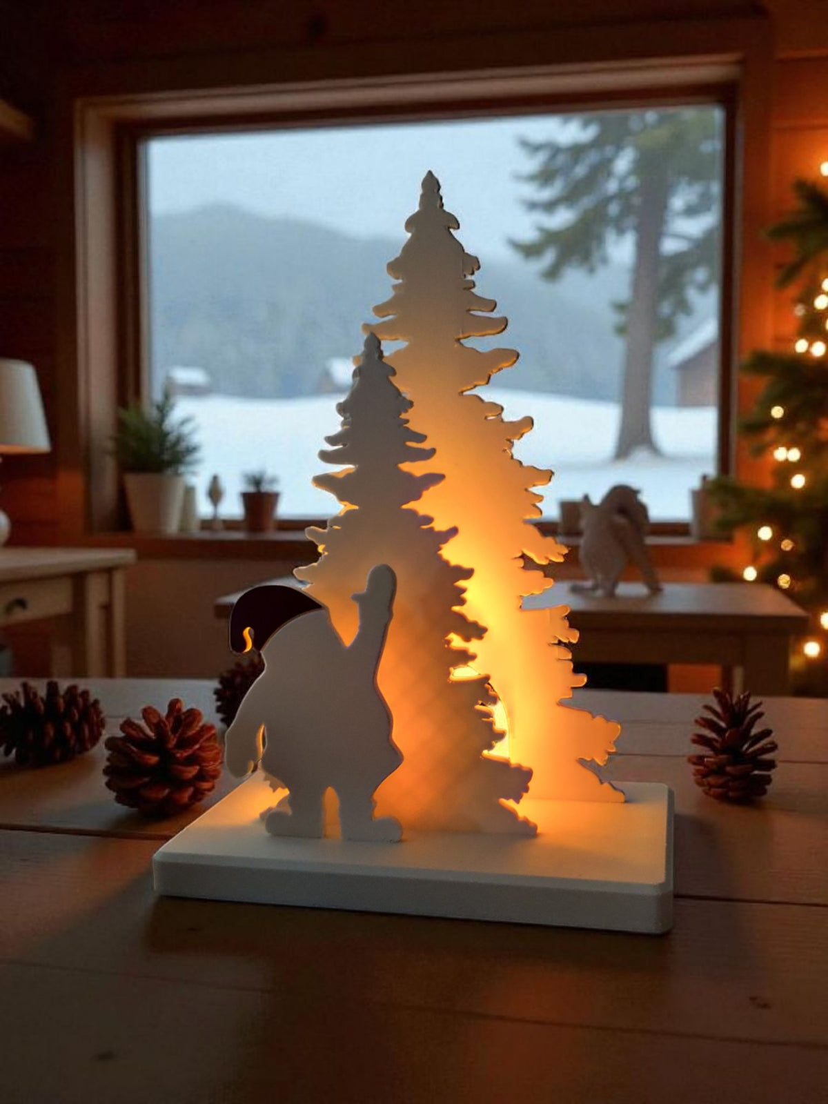 Santa Claus tree scene on windowsill with snowy landscape outside glowing warm