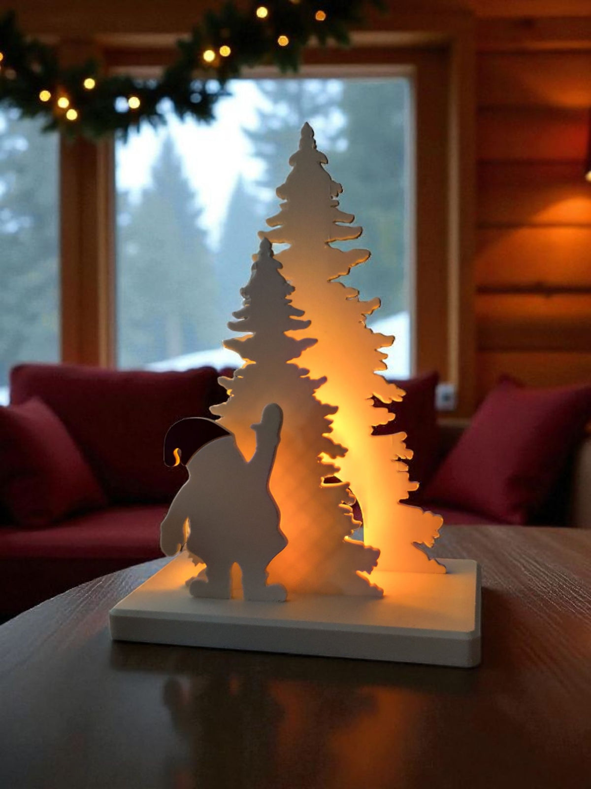 Santa Claus tree decor scene glowing amber beside fireplace on wooden table