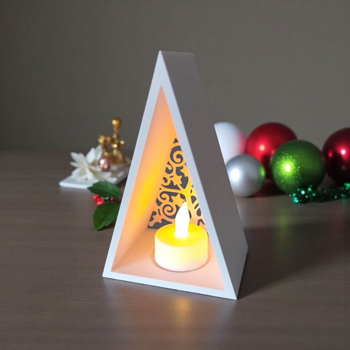 Pyramid lantern side angle on wooden table