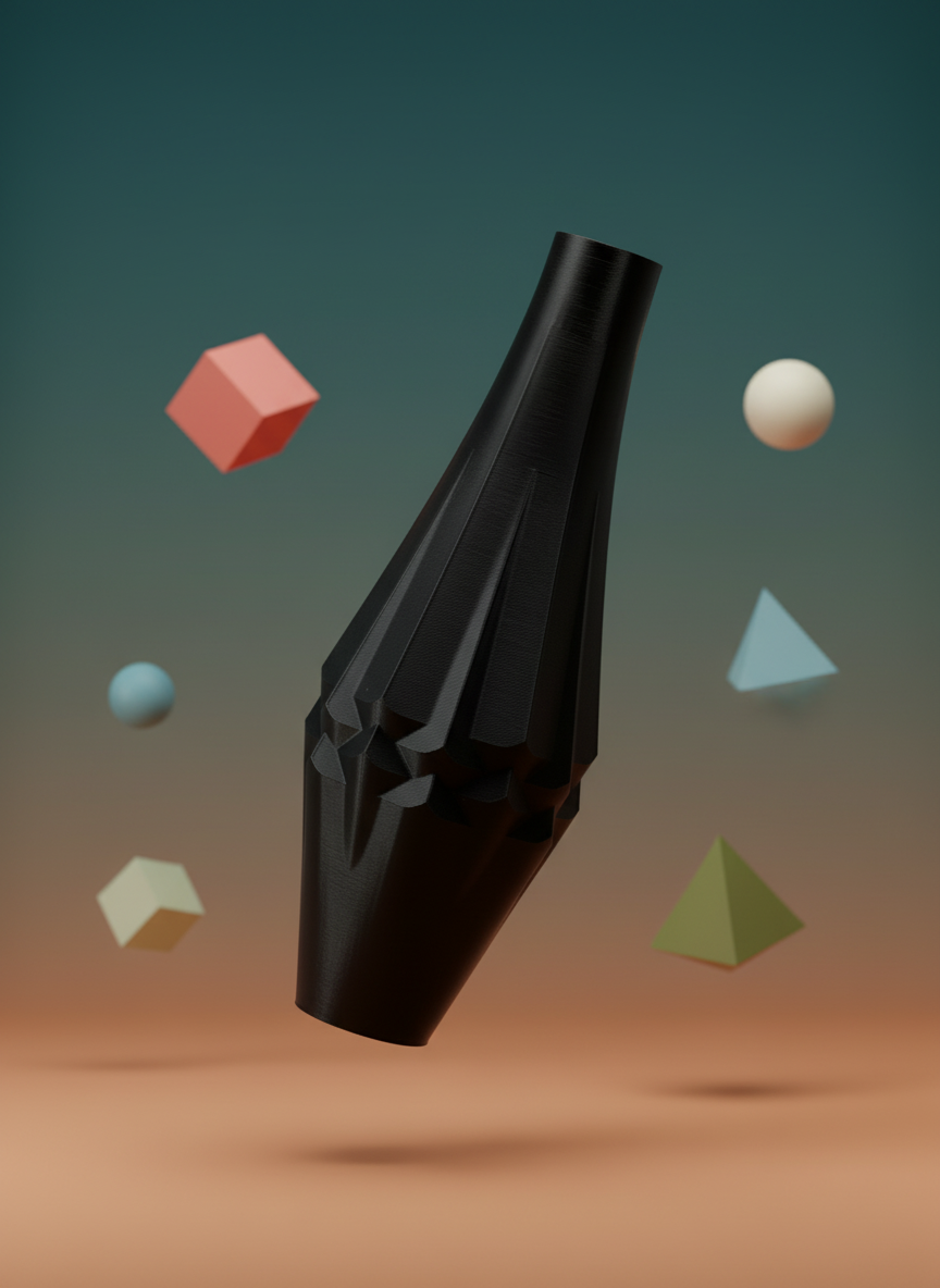 Twist Panel Vase tall angular faceted panel body dramatic mid-body geometric twist narrow tapered neck matte black floating in mid air surrounded by colourful geometric shapes teal gradient background dramatic editorial portrait